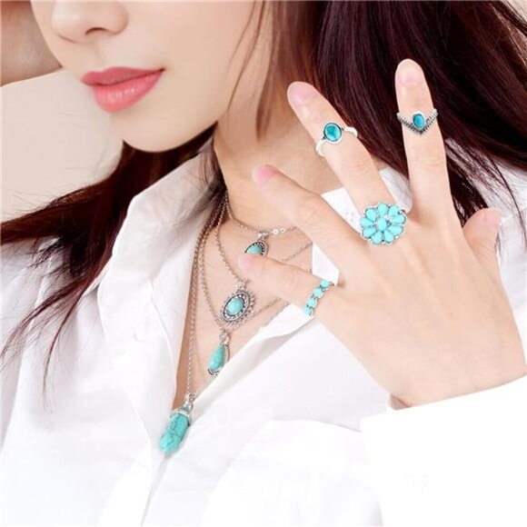 Turquoise Necklaces 12Pcs Turquoise Jewelry Set Include 4Pcs Turquoise Layered - Picture 4 of 6